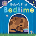 Cover of Baby's First Bedtime Board Book featuring a colorful title and an illustration of a dog and puppy sleeping inside a blue doghouse under a moonlit sky, with sturdy flaps for interactive play.