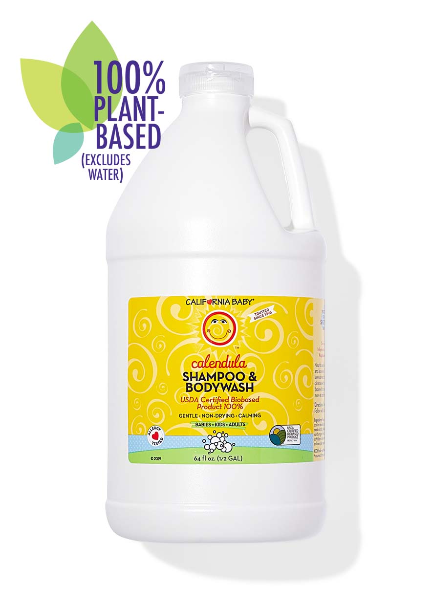 Large white jug of California Baby - Calendula™ Shampoo & Bodywash with a bright yellow label, featuring plant-based, gentle formula ideal for babies, kids, and adults.