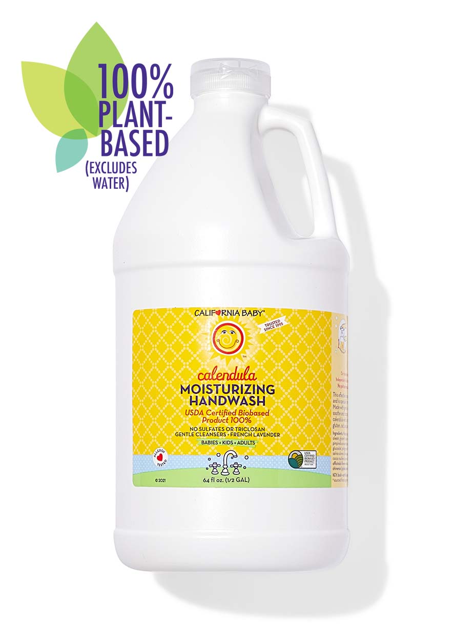 California Baby - Calendula™ Moisturizing Handwash in a large white gallon container with a yellow label, featuring plant-based ingredients for gentle cleansing suitable for babies and moms.