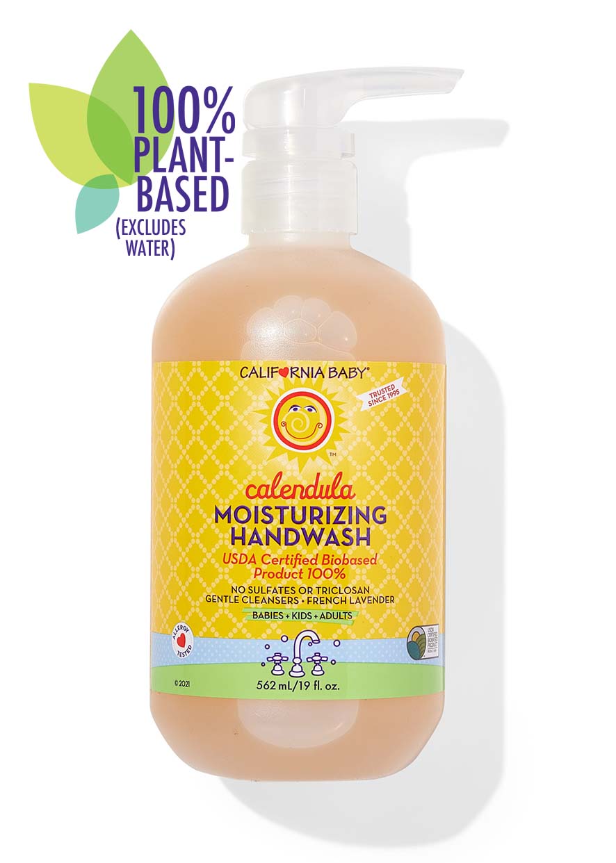 California Baby - Calendula™ Moisturizing Handwash in a 19 oz pump bottle with gentle, plant-based formula ideal for babies, kids, and adults, featuring soothing calendula and lavender.