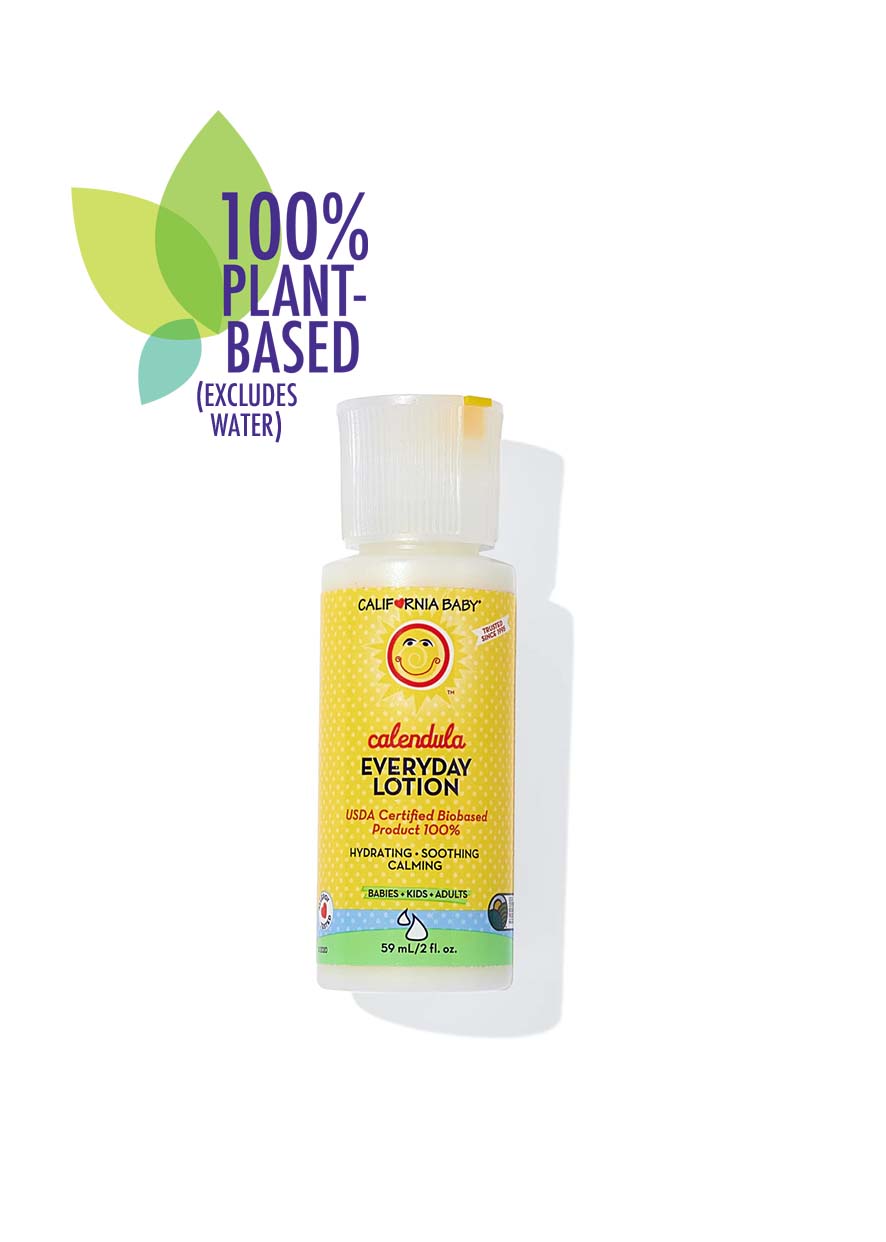 California Baby - Calendula™ Everyday Lotion in a small bottle with yellow label, highlighting 100% plant-based ingredients, hydrating and soothing for babies, kids, and adults.