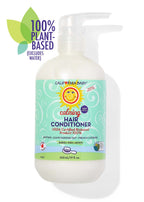 California Baby - Calming™ Hair Conditioner in a pump bottle with light blue label featuring a sun logo, promoting gentle, plant-based formula suitable for babies, kids, and adults.
