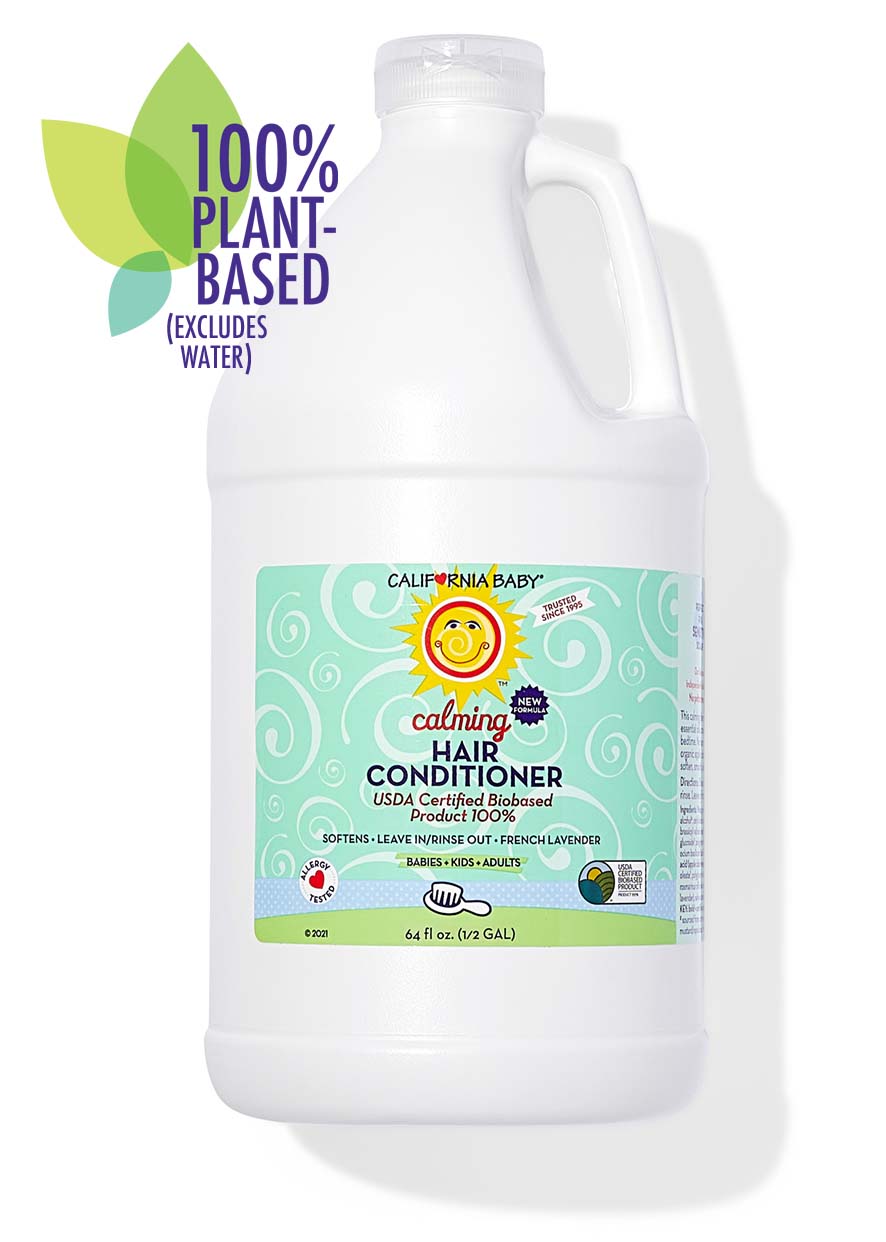 Large white bottle of California Baby - Calming™ Hair Conditioner with a green and blue label featuring a sun logo, promoting a 100% plant-based, soothing hair conditioner for babies, kids, and adults.