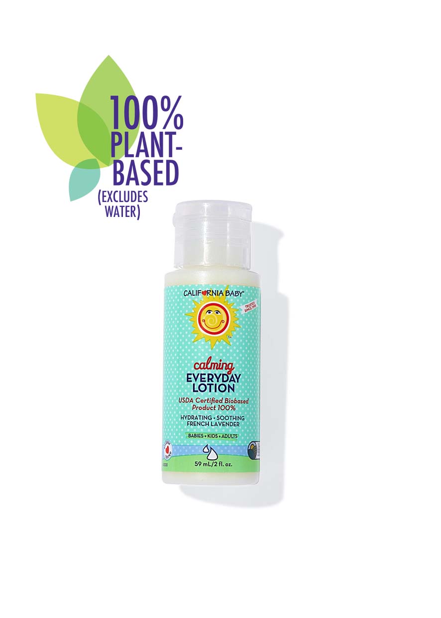 Small bottle of California Baby - Calming™ Everyday Lotion with a light teal label featuring a smiling sun, highlighting its 100% plant-based formula and soothing lavender scent, perfect for gentle baby skincare.