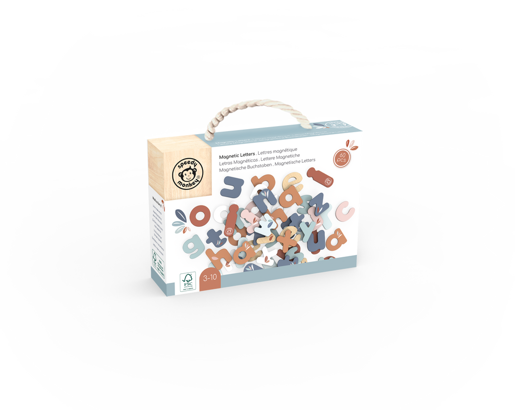 Box of Speedy Monkey - Magnetic Letters 60 pcs in soft neutral tones with a rope handle, featuring child-safe educational toys for playful learning and imaginative play.