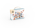 Box of Speedy Monkey - Magnetic Letters 60 pcs in soft neutral tones with a rope handle, featuring child-safe educational toys for playful learning and imaginative play.