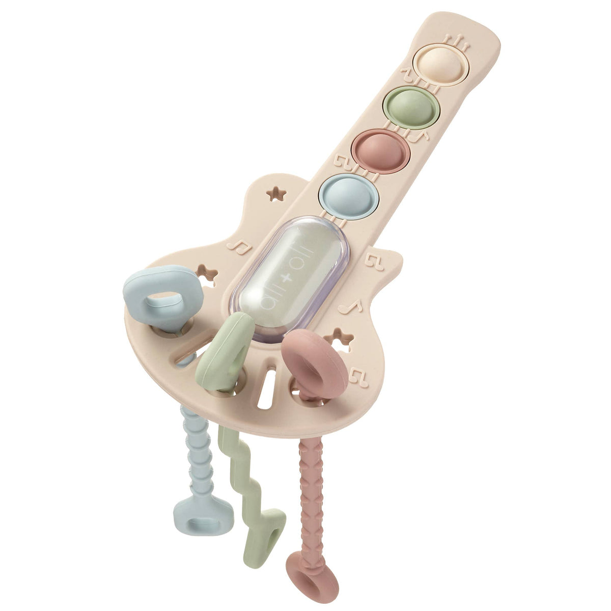 Baby teething toy with pastel colors on a white background