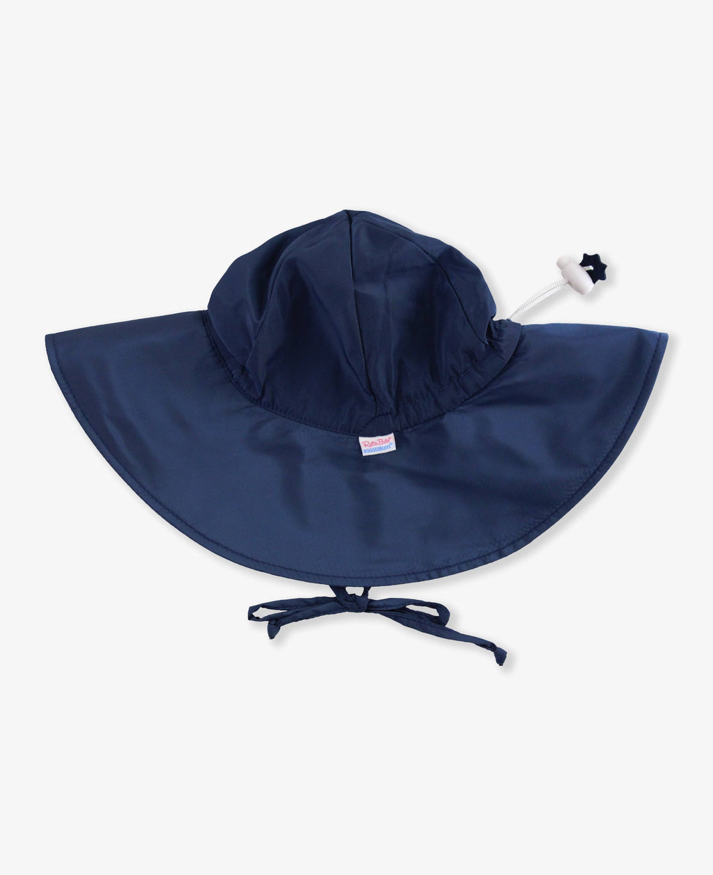 Navy blue RuffleButts + RuggedButts - Kids Sun Protective Hat with wide brim and adjustable chin ties, designed for stylish sun protection in a curated children’s boutique.