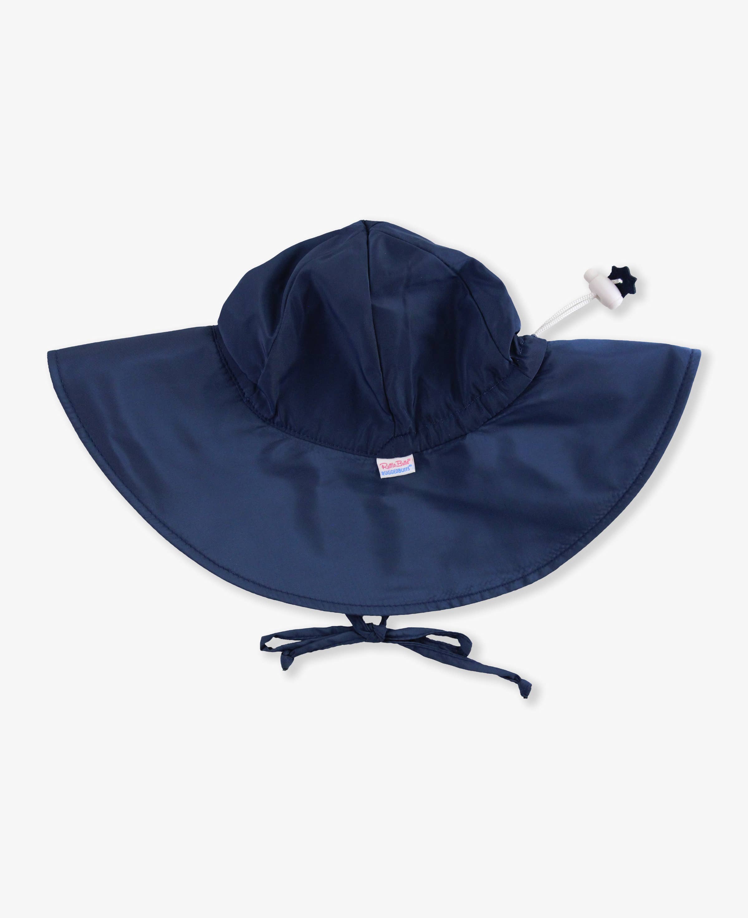 Navy blue RuffleButts + RuggedButts - Kids Sun Protective Hat with wide brim and adjustable chin ties, designed for stylish sun protection in a curated children’s boutique.