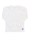 RuffleButts + RuggedButts - Boys White Long Sleeve Rash Guard: White, featuring soft breathable fabric, designed for stylish kids clothing in a curated children’s boutique with mom life essentials.