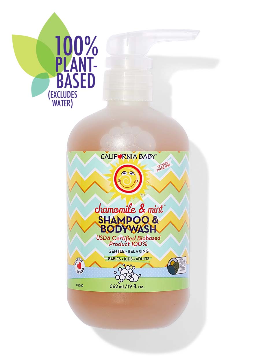 California Baby - Chamomile & Mint™ Shampoo & Bodywash bottle with a pump, featuring colorful zigzag pattern and highlighting 100% plant-based formula, ideal for babies, kids, and adults.