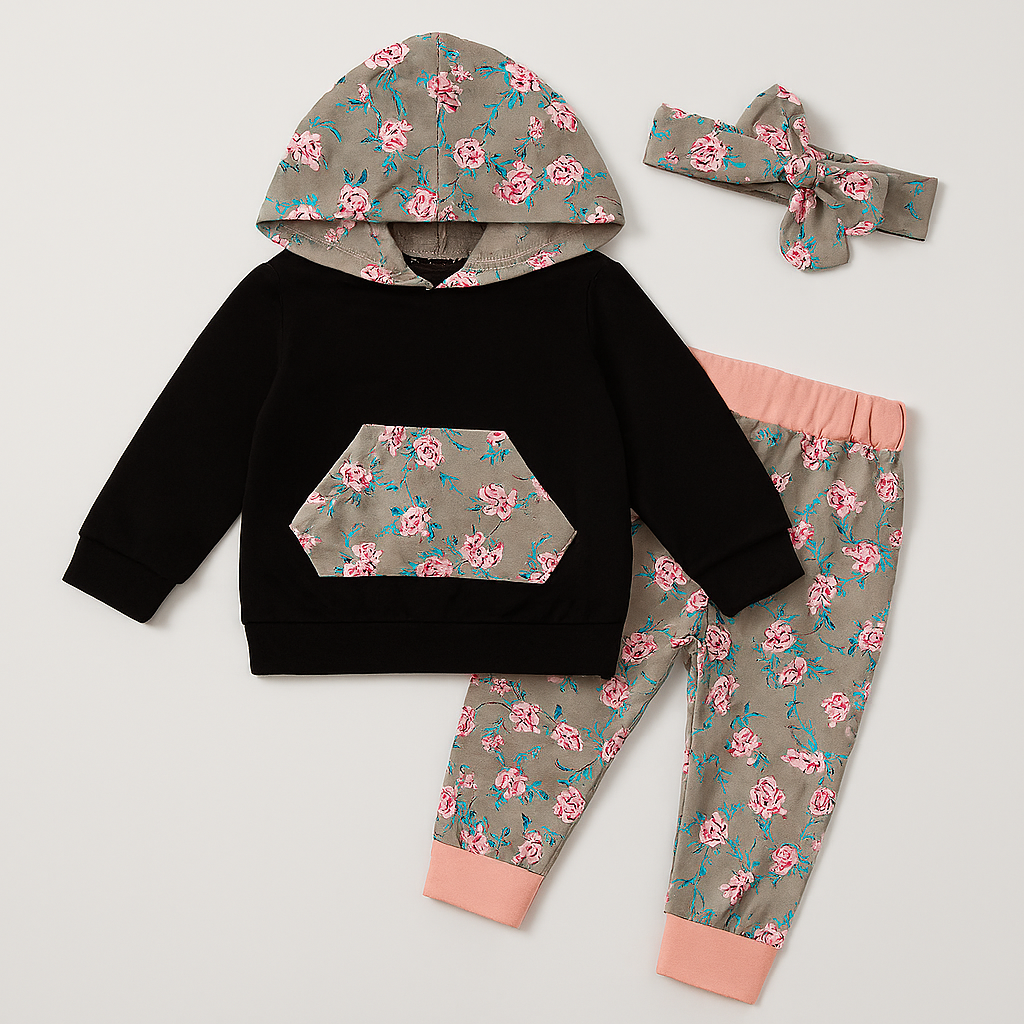 Fennco Styles - Black-Pink Baby Hoodie, Pants & Headband: 18-24m
