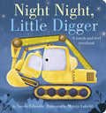 Cover of the "Night Night, Little Digger Board Book" featuring a cute yellow digger with a baby digger nestled inside, set against a starry night sky with soft pastel colors.