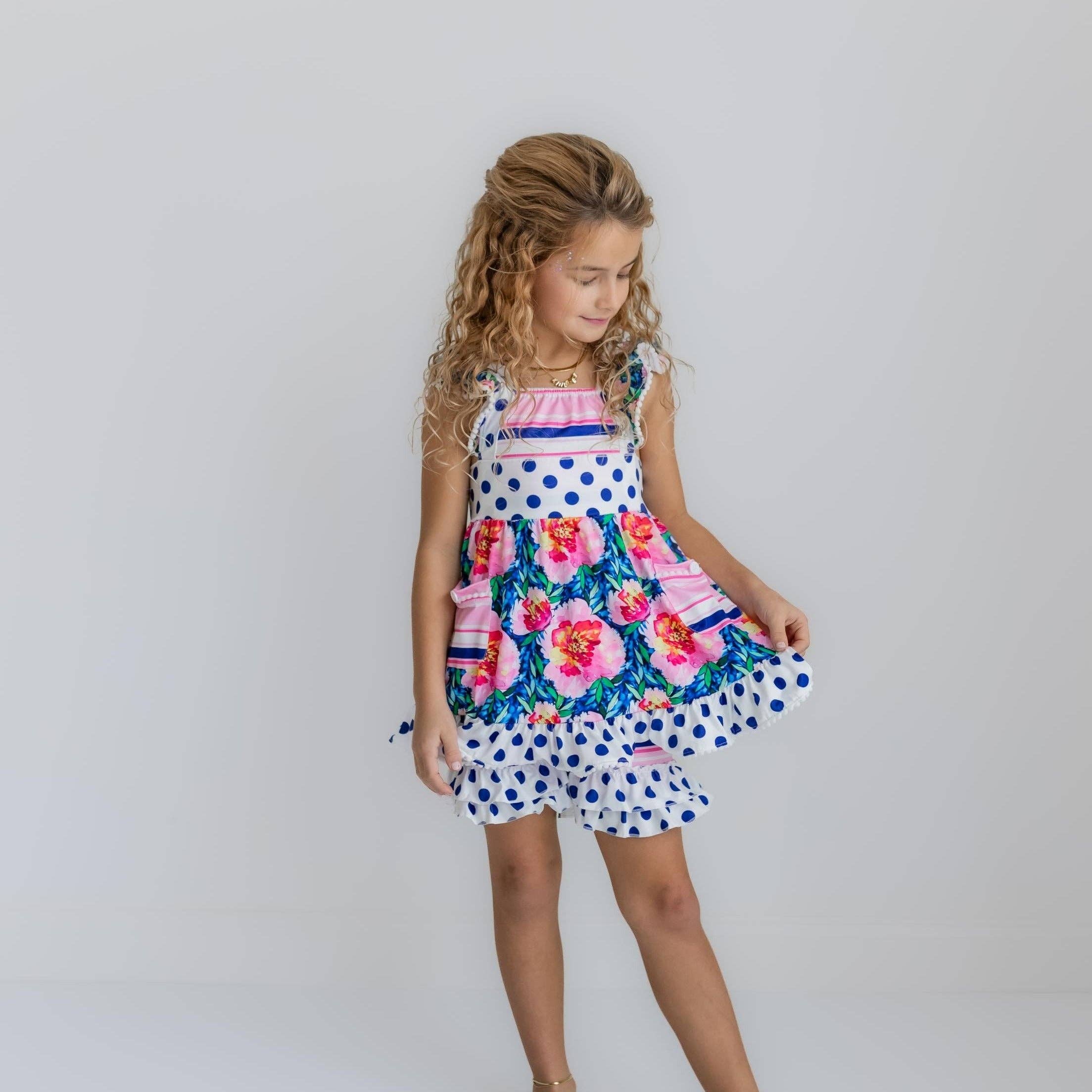 Adorable Sweetness - Kids Pink Floral & Navy Polka Dot Pocket Ruffle Short Set