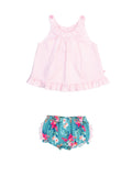 RuffleButts + RuggedButts - Baby Girls Fancy Me Floral Knit Swing Top and Bloomer Set: Blue features a pink striped sleeveless swing top with ruffle trim paired with a blue floral bloomer, perfect for stylish baby boutique fashion and cozy baby essentials.