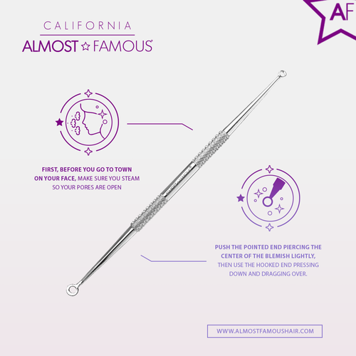 Almost Famous - Professional Blemish & Blackhead Remover Tool - Silver displayed with instructions for use, highlighting steam for open pores and proper technique for removing blemishes gently.