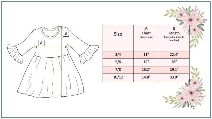 Measurement chart for a children's dress with floral decorations