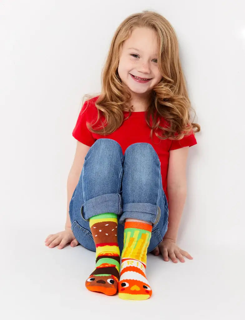 Pals Socks - Burger & Fries - Fun Mismatched Non-Slip Socks for Kids: Ages 9-12