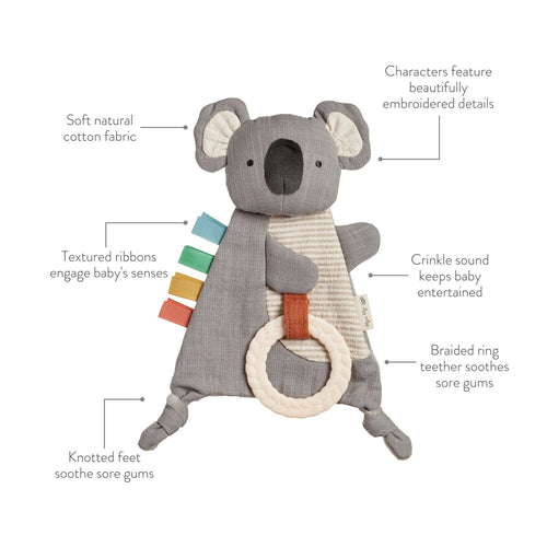 Itzy Ritzy - Bitzy Crinkle™ Sensory Toy with Teether: Koala featuring soft natural cotton fabric, textured ribbons for sensory engagement, a crinkle sound, and a braided ring teether for soothing gums.