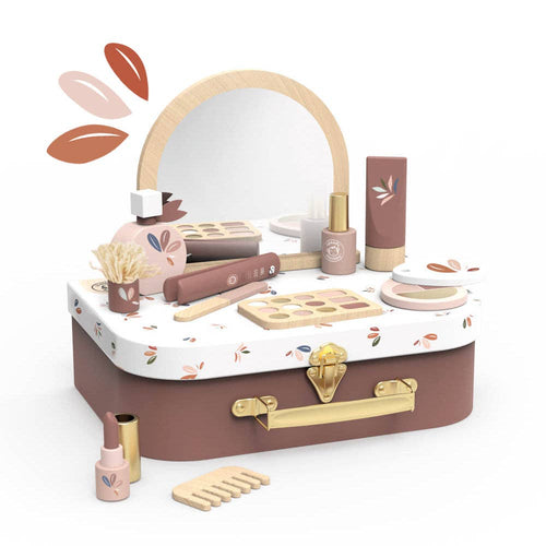 Wooden toy beauty suitcase set with mirror, makeup palette, lipstick, nail polish, comb, and decorative floral details, styled as Speedy Monkey - Beauty Suitcase.