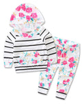 Fennco Styles - White Multi Striped Baby Hoodie and Pants featuring a cozy white hoodie with black stripes and floral accents paired with matching floral print pants, perfect for stylish kids clothing and cozy baby essentials.