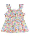 RuffleButts + RuggedButts - Girls Petaling Around Smocked Tank Top: Blue featuring a colorful floral print with smocked bodice and ruffle shoulder straps, perfect for stylish kids clothing.
