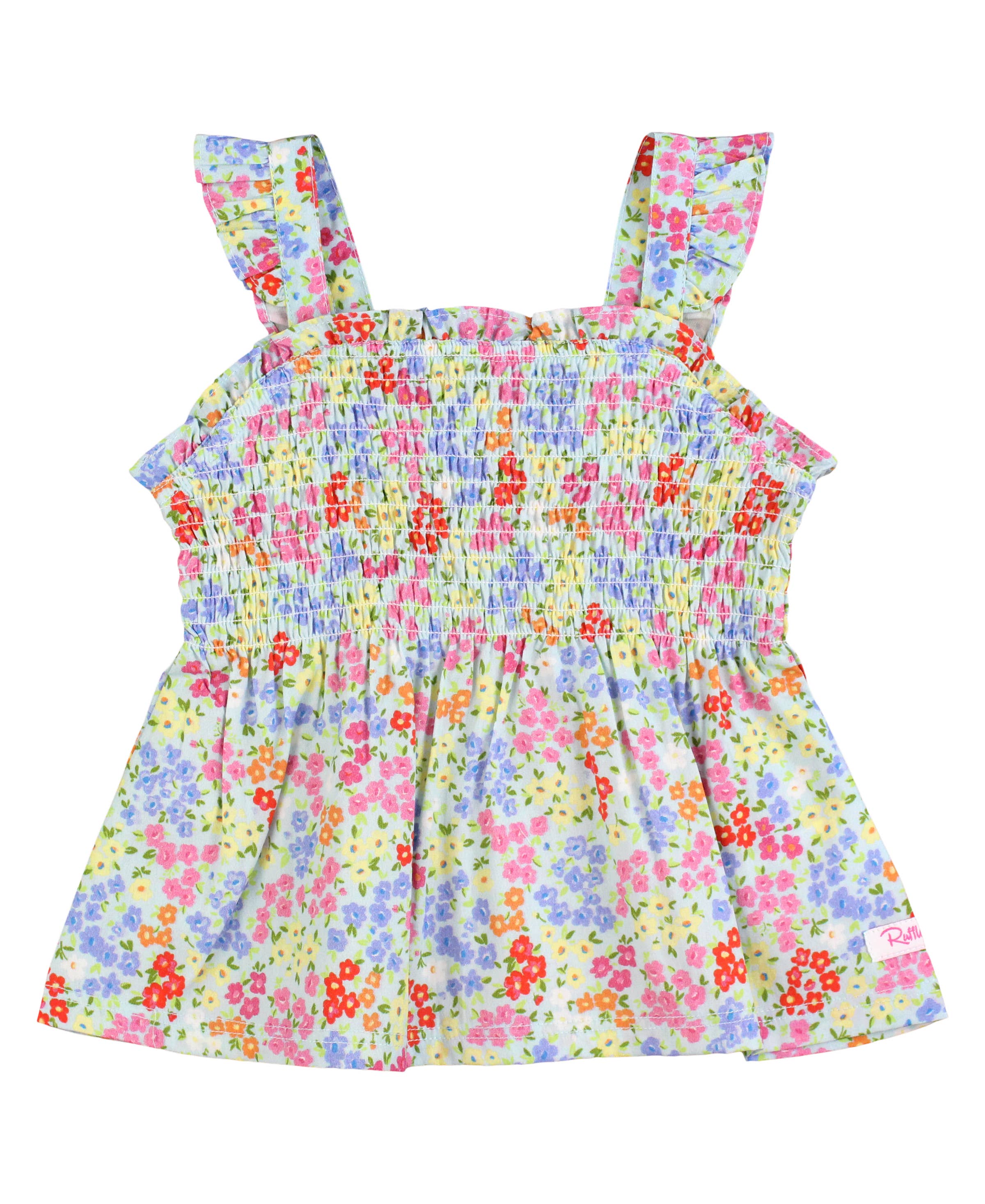 RuffleButts + RuggedButts - Girls Petaling Around Smocked Tank Top: Blue / 6-12m