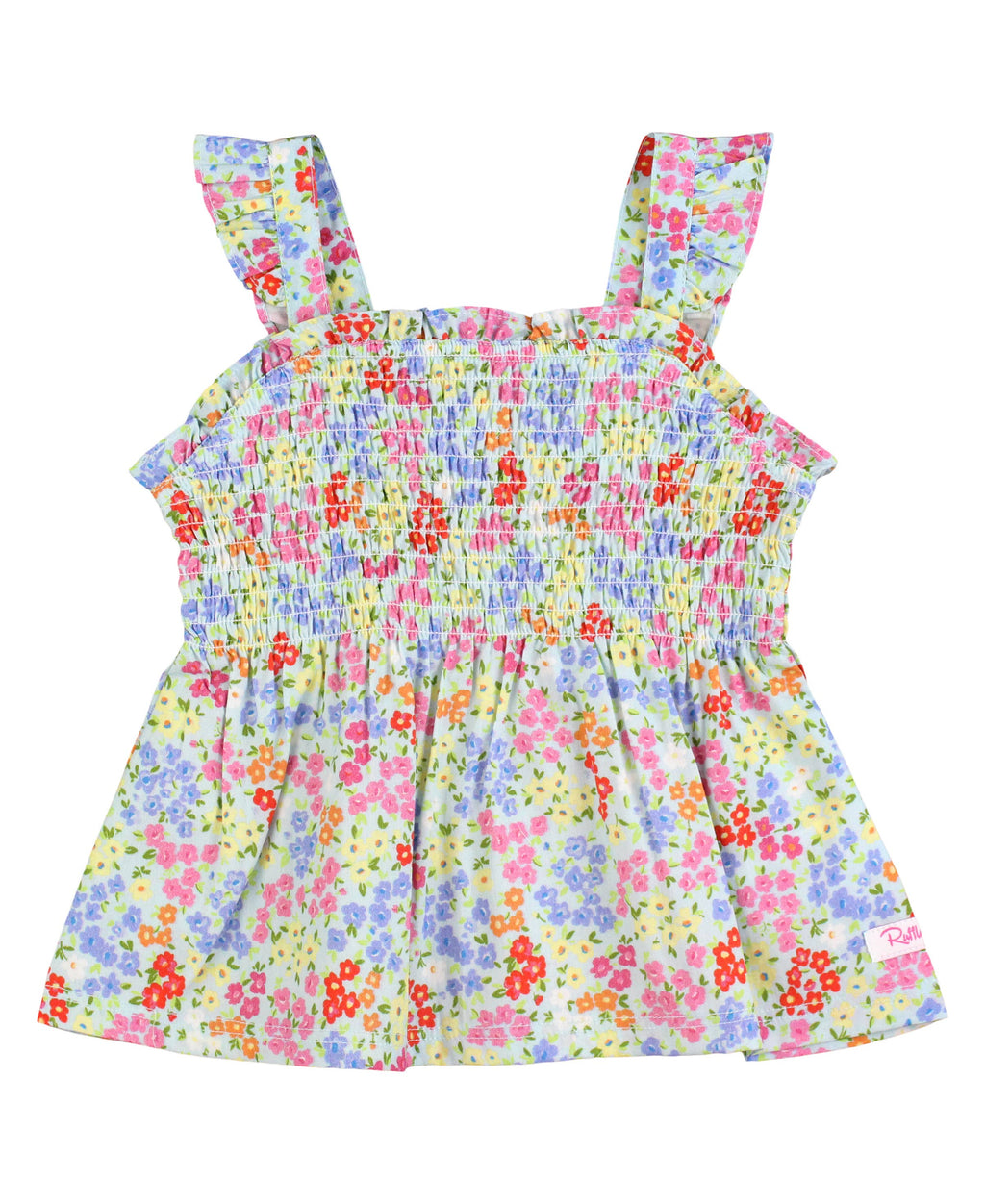 RuffleButts + RuggedButts - Girls Petaling Around Smocked Tank Top: Blue / 4T