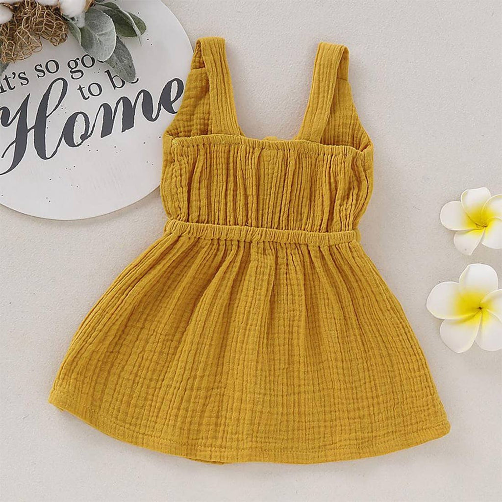 Fennco Styles - Front Tie Bowknot Gauze Cotton Girl Dress: Mustard / 4-5T