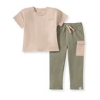 Burt's Bees Baby - Drop Shoulder Infant Boy Tee Set featuring a soft beige short-sleeve tee with chest pocket and olive green pants with cargo pocket, cozy and stylish baby clothing.