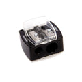 Black and transparent dual-hole pencil sharpener with a clear cover, designed for sharpening standard and larger pencils, shown on a white background.