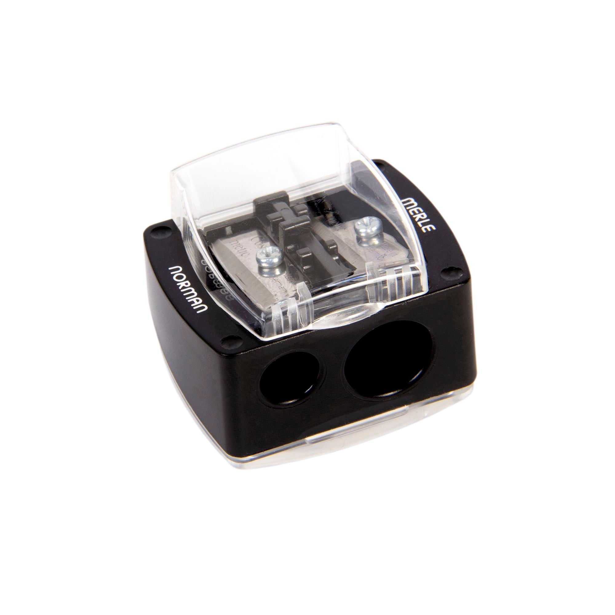 Black and transparent dual-hole pencil sharpener with a clear cover, designed for sharpening standard and larger pencils, shown on a white background.