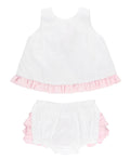 RuffleButts + RuggedButts - Baby Girls White and Pink Swiss Dot Swing Top & Bloomer Set: White features a soft white swiss dot fabric with delicate pink ruffle trim, perfect for stylish kids clothing from a curated children’s boutique. Stylish Essentials for Little Ones & Moms.