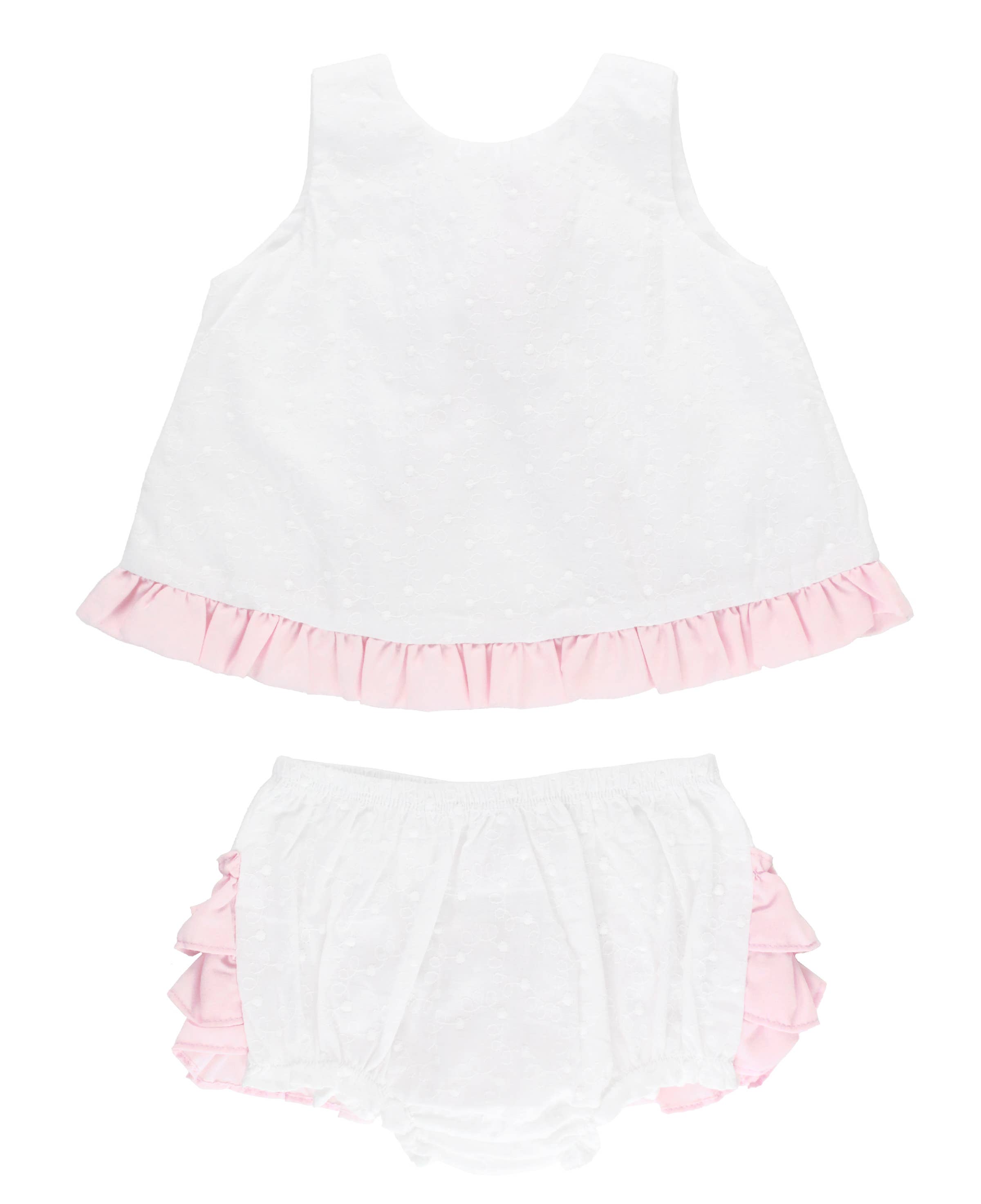RuffleButts + RuggedButts - Baby Girls White and Pink Swiss Dot Swing Top & Bloomer Set
: White / 3-6m