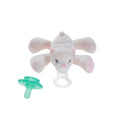 Soft plush baby bear pacifier holder with attached pacifier clip and separate green pacifier, featuring the Nookums - Paci-Plushies Shakies - Baby Bear from a curated children’s boutique offering stylish essentials for little ones and moms.