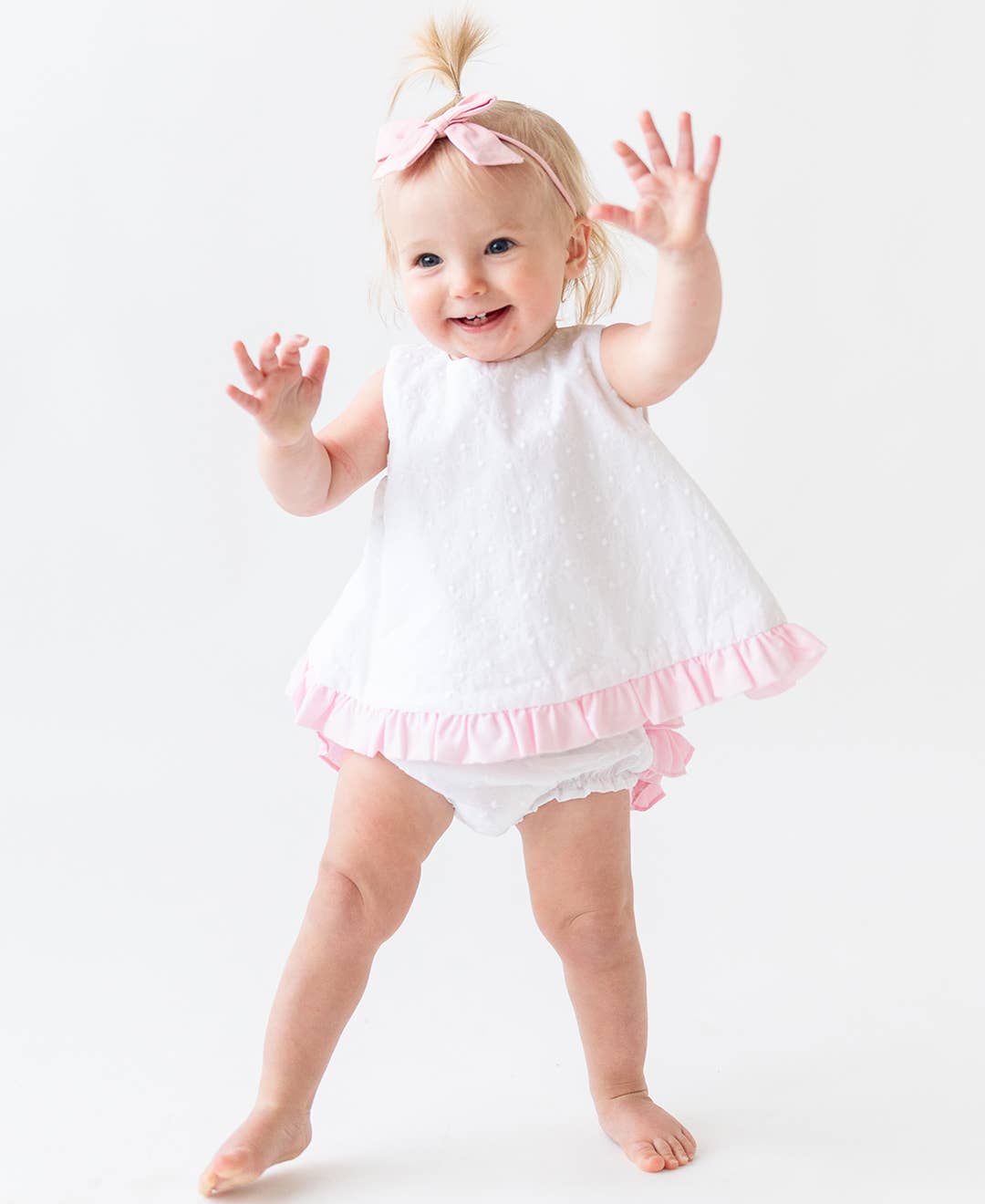 RuffleButts + RuggedButts - Baby Girls White and Pink Swiss Dot Swing Top & Bloomer Set
: White / 3-6m