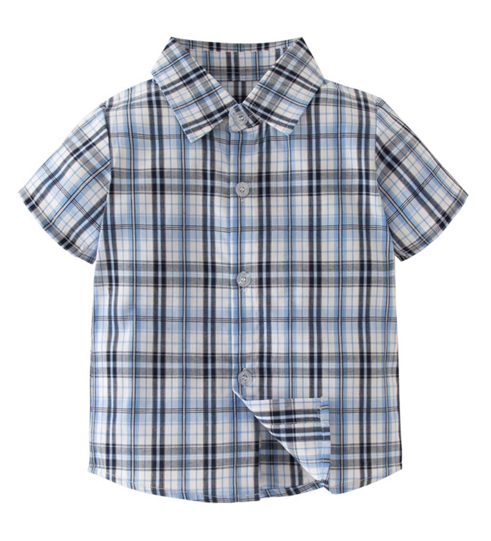 Fennco Styles - Blue Plaid Boy Cotton Button-Down Short-Sleeve Dress Shirt: 120/4-5T