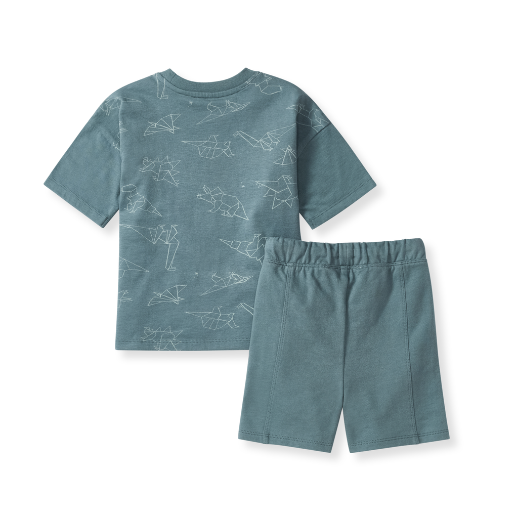 Burt's Bees Baby - Origami Dinos Boy Tee & Shorts Set in soft teal with subtle origami dinosaur prints, featuring breathable, cozy fabrics ideal for toddler clothing from a curated children’s boutique.