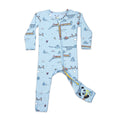 Bellabu Bear - Winter Train Bamboo Convertible Footie in soft blue featuring whimsical train and winter-themed illustrations, made from breathable bamboo fabric for cozy baby essentials.