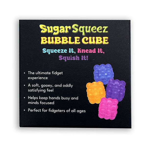 A square black product box or packaging card for 'Sugar Squeez Bubble Cube' with colorful text and illustrations of four bubblegum-style cubes in blue, orange, yellow, and pink on a white background.