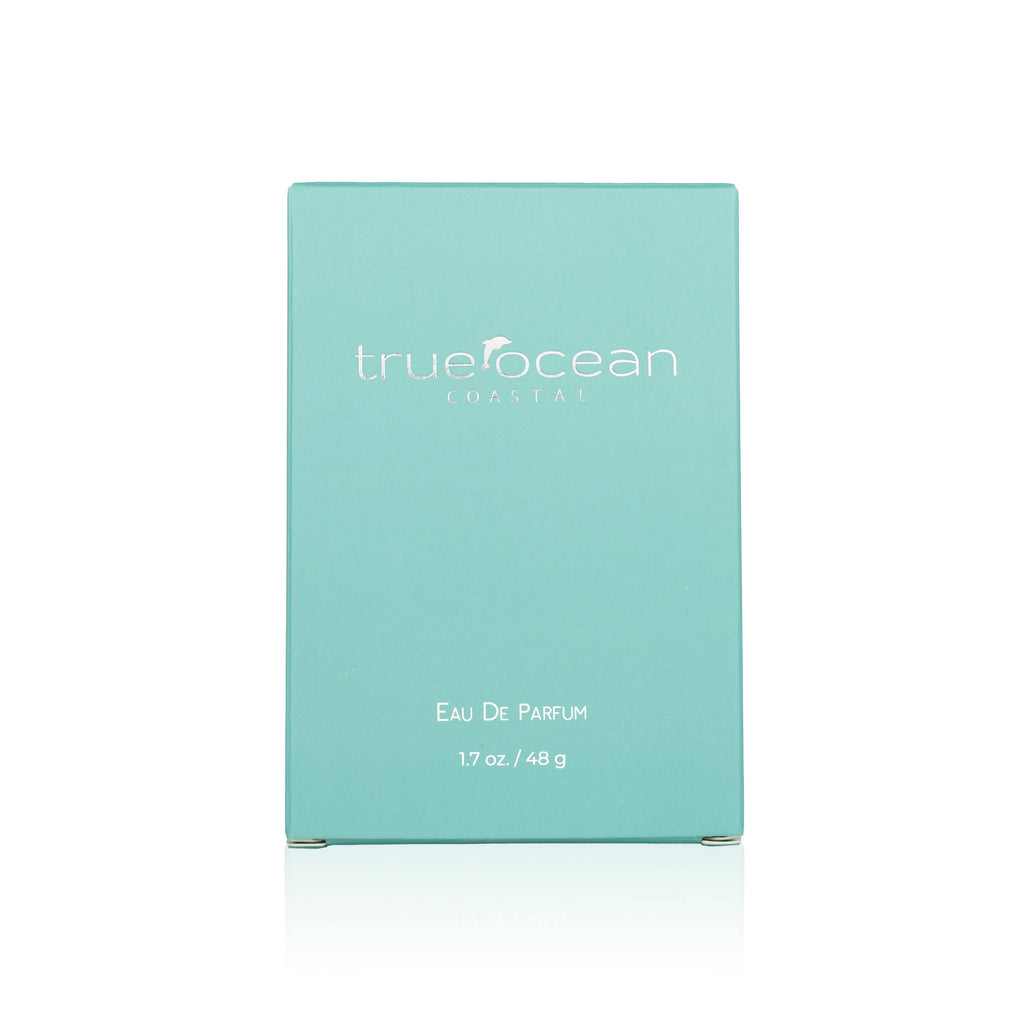 Light turquoise box packaging of True Ocean - Coastal - a beach perfume, featuring minimalist white text design for a fresh and modern look.