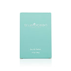 Light turquoise box packaging of True Ocean - Coastal - a beach perfume, featuring minimalist white text design for a fresh and modern look.