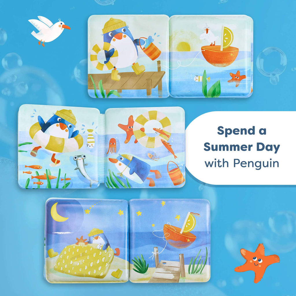 Penguin Bath Book with Squeaker featuring colorful summer-themed illustrations of playful penguins, sea creatures, and boats for engaging sensory play during bath time.