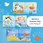 Penguin Bath Book with Squeaker featuring colorful summer-themed illustrations of playful penguins, sea creatures, and boats for engaging sensory play during bath time.