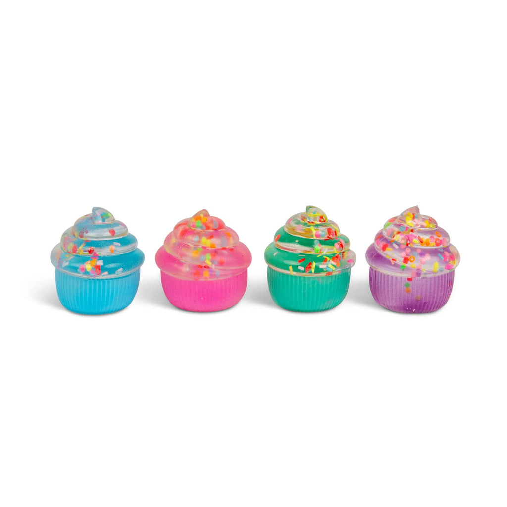 Blue, pink, green and purple cupcake-shaped squishies with sprinkles on a white background
