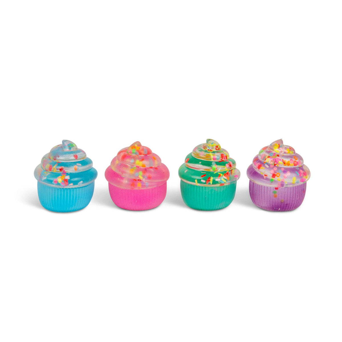 Blue, pink, green and purple cupcake-shaped squishies with sprinkles on a white background