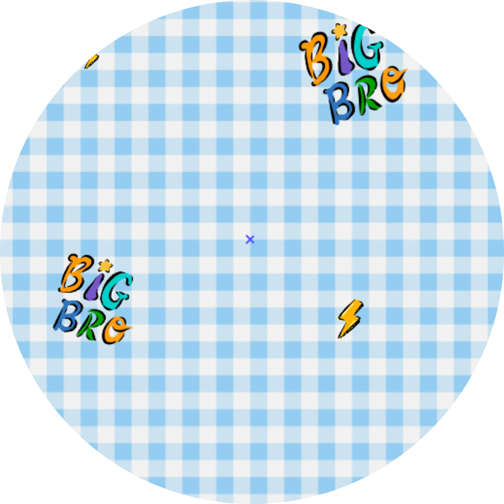 Round blue and white checkered sticker with 'Big Bro' text and graphics on a white background