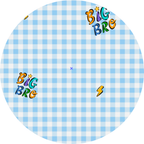 Round blue and white checkered sticker with 'Big Bro' text and graphics on a white background