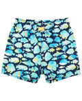 RuffleButts + RuggedButts - Boys Fish Friends Swim Trunks: Blue feature a playful fish pattern in shades of blue and yellow, designed for stylish kids clothing and comfortable swimwear.
