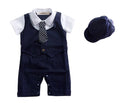 Fennco Styles - Navy Blue Formal Adjustable Tie Baby Romper and Hat set featuring a soft white collar shirt, navy blue romper with button details, and matching navy hat, perfect for baby boutique shoppers seeking stylish kids clothing and mom life essentials.